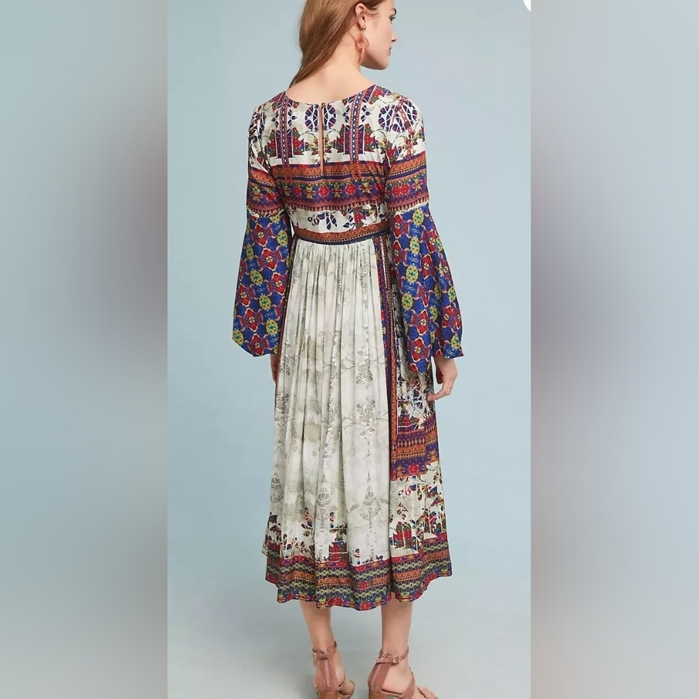 Anthropologie Bhanuni By Jyoti Sarah Printed Bell Sleeve dress Mediun - Picture 2 of 12